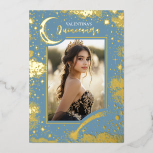 Invitación Con Relieve Metalizado Estrellas Doradas Celestiales Luna Noche Quinceañe