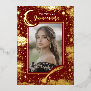 Invitación Con Relieve Metalizado Estrellas Doradas Celestiales Luna Noche Quinceañe