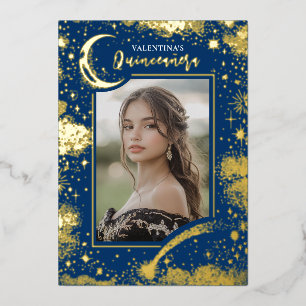 Invitación Con Relieve Metalizado Estrellas Doradas Celestiales Luna Noche Quinceañe