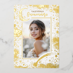 Invitación Con Relieve Metalizado Estrellas Doradas Celestiales Luna Noche Quinceañe