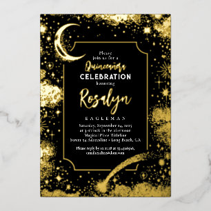 Invitación Con Relieve Metalizado Estrellas Doradas Celestiales y Luna Noche Quincea