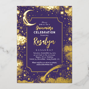 Invitación Con Relieve Metalizado Estrellas Doradas Celestiales y Luna Noche Quincea