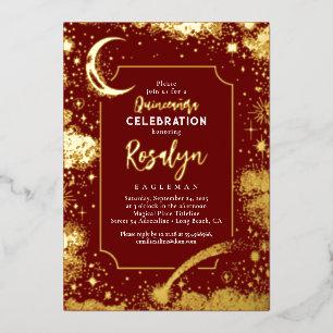 Invitación Con Relieve Metalizado Estrellas Doradas Celestiales y Luna Quinceañera N