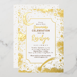 Invitación Con Relieve Metalizado Estrellas Doradas Celestiales y Luna Quinceañera N