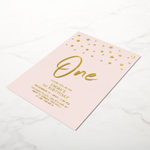 Invitación Con Relieve Metalizado Estrellas Doradas Cumpleaños Rosa 1er Fiesta de