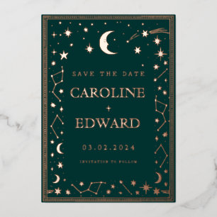 Invitación Con Relieve Metalizado Estrellas Doradas Luna Celestial Salva la Fecha