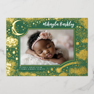 Invitación Con Relieve Metalizado Estrellas Lindas Luna Celestial Foto de Recién Nac