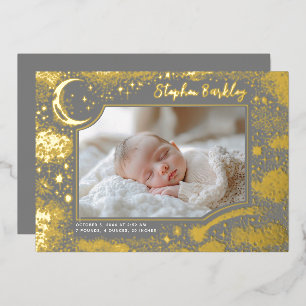 Invitación Con Relieve Metalizado Estrellas Lindas Luna Celestial Foto de Recién Nac