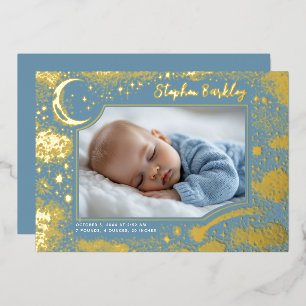 Invitación Con Relieve Metalizado Estrellas Lindas Luna Celestial Foto de Recién Nac