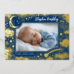 Invitación Con Relieve Metalizado Estrellas Lindas Luna Celestial Foto de Recién Nac