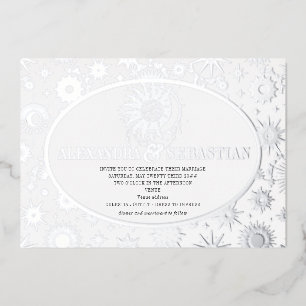 Invitación Con Relieve Metalizado Estrellas Lunares Celestiales Medianoche Boda Sol