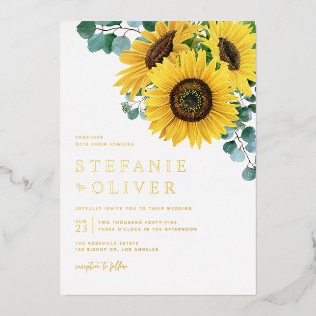 Invitación Con Relieve Metalizado Eucalipto color agua y girasoles boda otoño (Anverso)