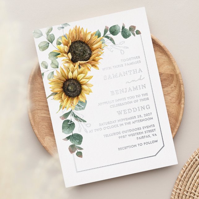 Invitación Con Relieve Metalizado Eucalipto floral de girasol Boda Plata (Floral Sunflower Eucalyptus Wedding Silver Foil Invitation)