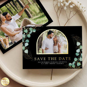 Invitación Con Relieve Metalizado Eucalipto Foto Negro Boda Save the Date Dorado