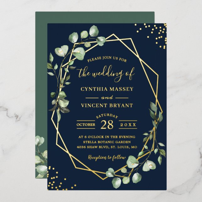 Invitación Con Relieve Metalizado Eucalipto Geométrico Modish deja oro Boda (Anverso/Reverso)