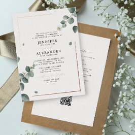 Invitación Con Relieve Metalizado Eucalipto Rústico & Código QR de RSVP Boda Rosa Do