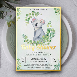 Invitación Con Relieve Metalizado Eucalipto Rústico Koala Osito Baby Shower Dorado