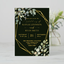 Invitación Con Relieve Metalizado Eucalipto Rústico y Boda de marco dorado completo