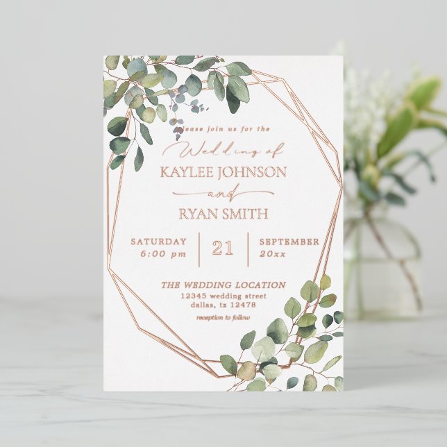 Invitación Con Relieve Metalizado Eucalipto Rústico y Boda de marco dorado Full Real (Anverso de pie)