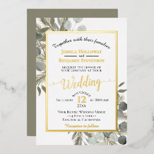 Invitación Con Relieve Metalizado Eucalipto Rústico y Boda Plateado Elegante De Pino