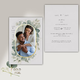 Invitación Con Relieve Metalizado Eucalipto Soñado Dorado Foto Boda Guardar la Fecha