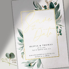 Invitación Con Relieve Metalizado Eucalipto Verde Dorado Romance Boda Guardar Fecha