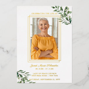 Invitación Con Relieve Metalizado Eucalipto Verde   Foto conmemorativa funeral
