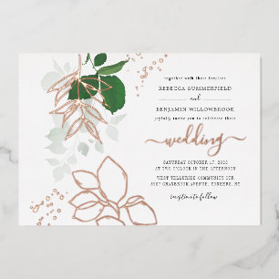 Invitación Con Relieve Metalizado Eucalipto Verde Geometría Boda Rosa Dorado