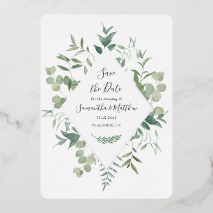 Invitación Con Relieve Metalizado Eucalipto Verde Oliva Ahorra la Fecha Plata