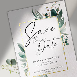 Invitación Con Relieve Metalizado Eucalipto Verde Romántico Ahorro Fecha de Boda