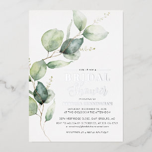 Invitación Con Relieve Metalizado Eucalipto Verde Script Baño Nupcial Plata