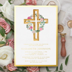 Invitación Con Relieve Metalizado Eucaliptos floral rústico cruz de madera baptismo 
