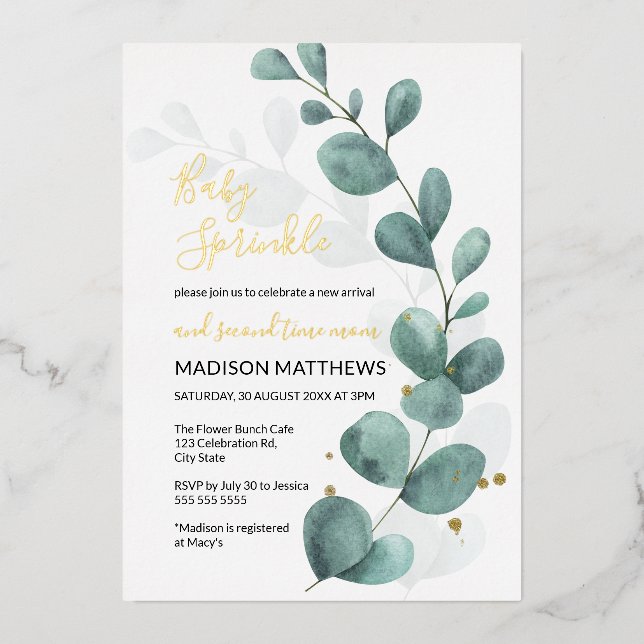 Invitación Con Relieve Metalizado Eucalyptus Baby Sprinkle Greeneration & Relieve me (Anverso)