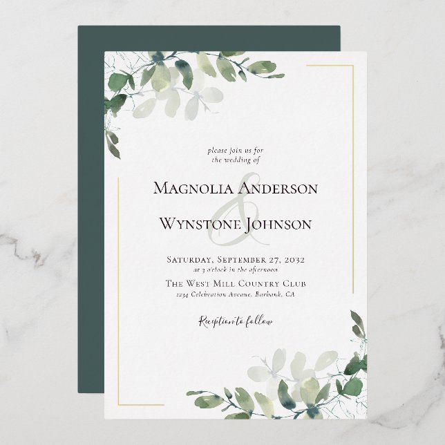 Invitación Con Relieve Metalizado Eucalyptus Boda Real Gold (Anverso/Reverso)