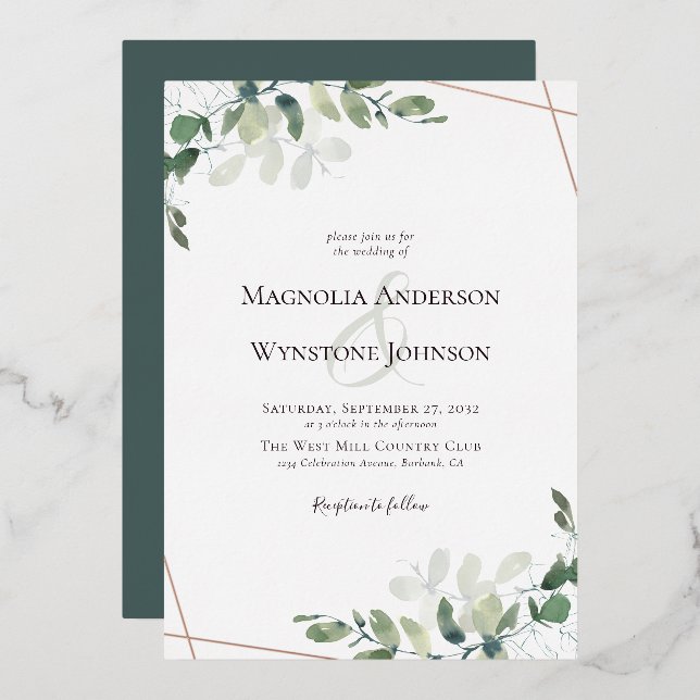 Invitación Con Relieve Metalizado Eucalyptus Boda Real Rosa Gold (Anverso/Reverso)