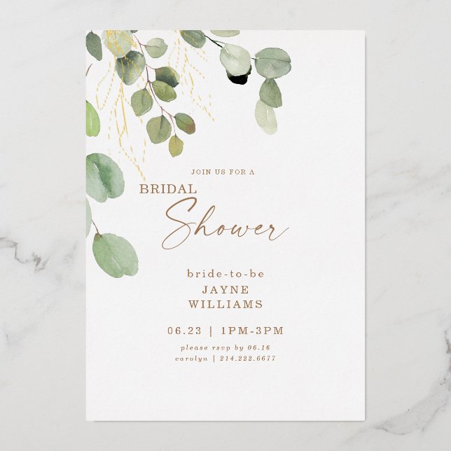 Invitación Con Relieve Metalizado Eucalyptus Bridal Shower Gold (Anverso)