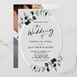 Invitación Con Relieve Metalizado Eucalyptus Calligraphy Photo Boda Silver