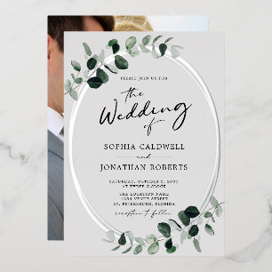 Invitación Con Relieve Metalizado Eucalyptus Calligraphy Photo Boda Silver