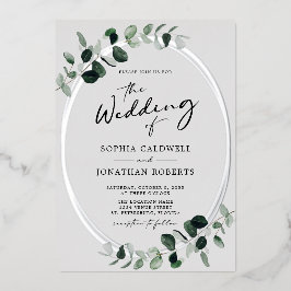 Invitación Con Relieve Metalizado Eucalyptus Calligraphy Photo Boda Silver