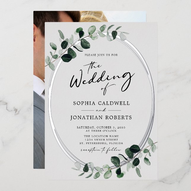 Invitación Con Relieve Metalizado Eucalyptus Calligraphy Photo Boda Silver (Anverso/Reverso)