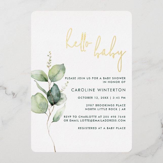 Invitación Con Relieve Metalizado Eucalyptus Chica Botánico Baby Shower Gold (Anverso)