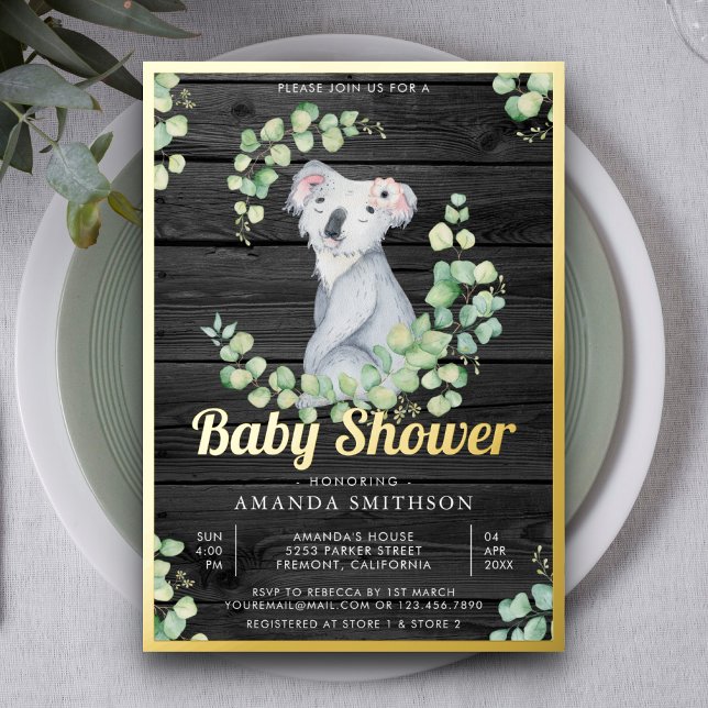 Invitación Con Relieve Metalizado Eucalyptus Cute Koala Bear Wood Baby Shower Gold (Subido por el creador)