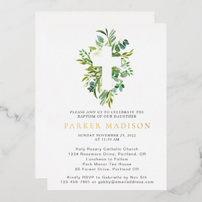 Invitación Con Relieve Metalizado Eucalyptus Floral Verdes cruzan el bautismo de oro (Anverso/Reverso)