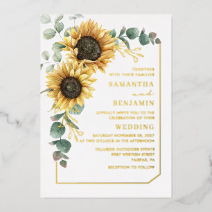 Invitación Con Relieve Metalizado Eucalyptus Floral Verdor Boda Oro