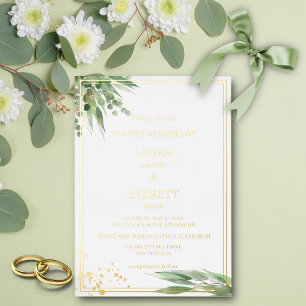 Invitación Con Relieve Metalizado Eucalyptus Frame Green Gold Folicolor