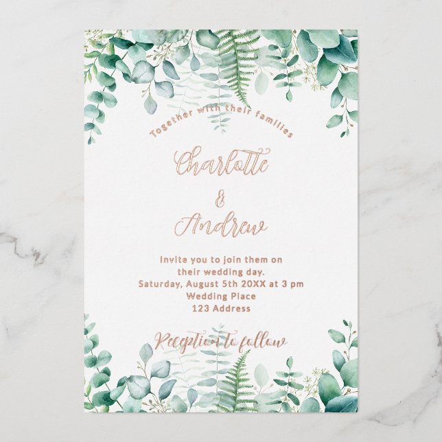 Invitación Con Relieve Metalizado Eucalyptus geenery woodland helns boda (Anverso)