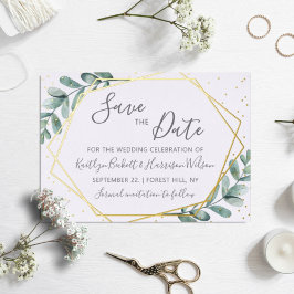 Invitación Con Relieve Metalizado Eucalyptus Geometric Save The Date Real