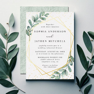 Invitación Con Relieve Metalizado Eucalyptus Geométrico Boda Ensayo Cena Real