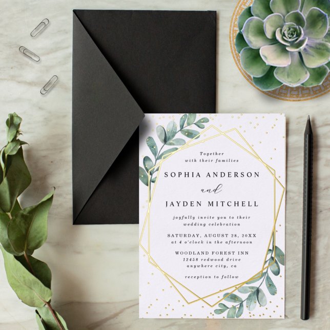 Invitación Con Relieve Metalizado Eucalyptus Geométrico Boda Real (Subido por el creador)