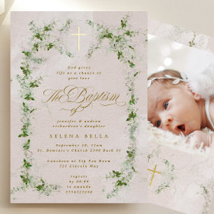 Invitación Con Relieve Metalizado Eucalyptus Gold Cross Wreath Baptism Relieve metal